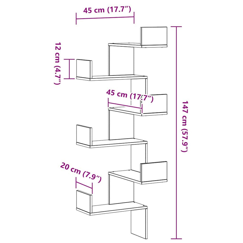 vidaXL Sarokpolc polcokkal Musta tammi 45 x 45 x 147 cm Faanyag