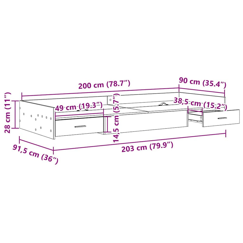vidaXL Ágykeret fejtámlával fiókkal Fekete tölgy 90 x 200 cm Faanyag