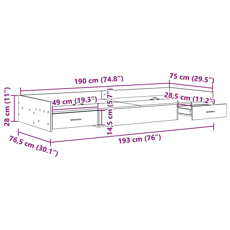 vidaXL Ágykeret tárolóval fejtámlával Fekete tölgy 75 x 190 cm Faanyag