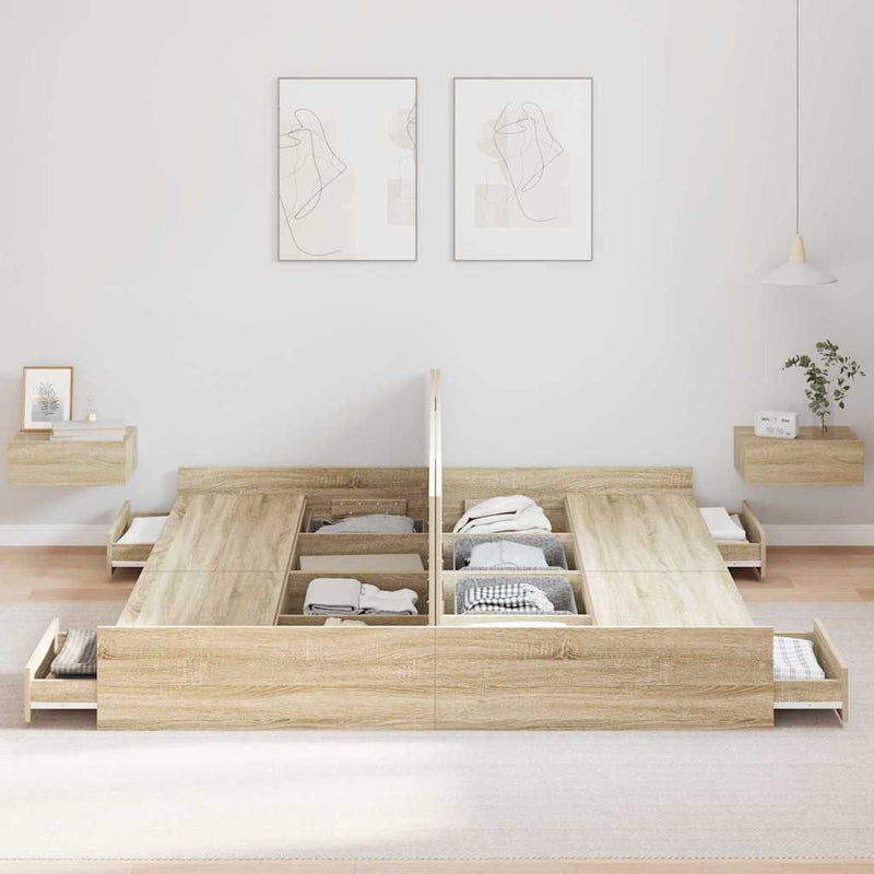 vidaXL Tárolós ágykeret fejtámlával sonoma tölgy 200 x 200 cm Faanyag