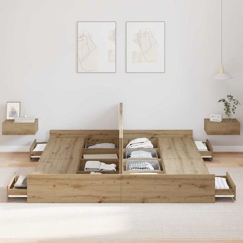 vidaXL Tárolós ágykeret fiókkal kézműves tölgy 180 x 200 cm Faanyag