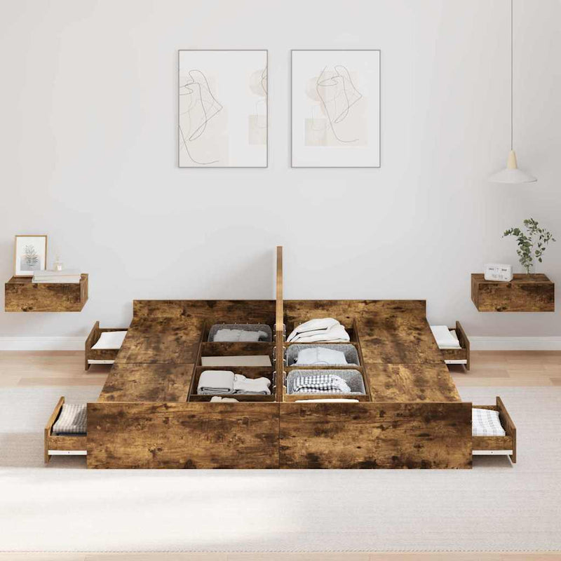 vidaXL Tárolós ágykeret fejtámlával Füstölt tölgy 140 x 190 cm Faanyag