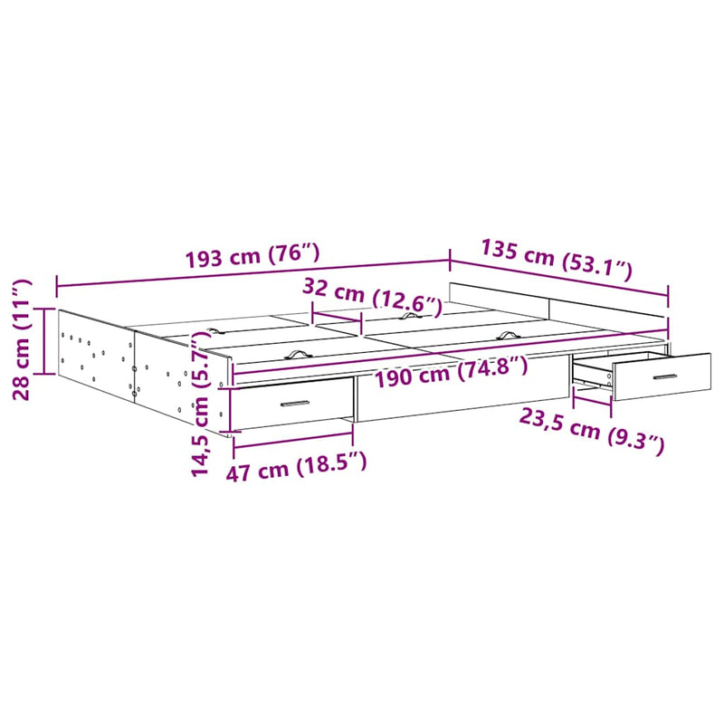 vidaXL Tárolós ágykeret fejtámlával Füstölt tölgy 135 x 190 cm Faanyag