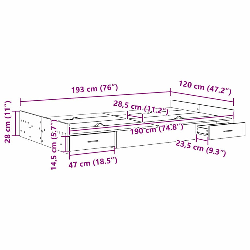 vidaXL Tárolós ágykeret fiókkal kézműves tölgy 120 x 190 cm Faanyag