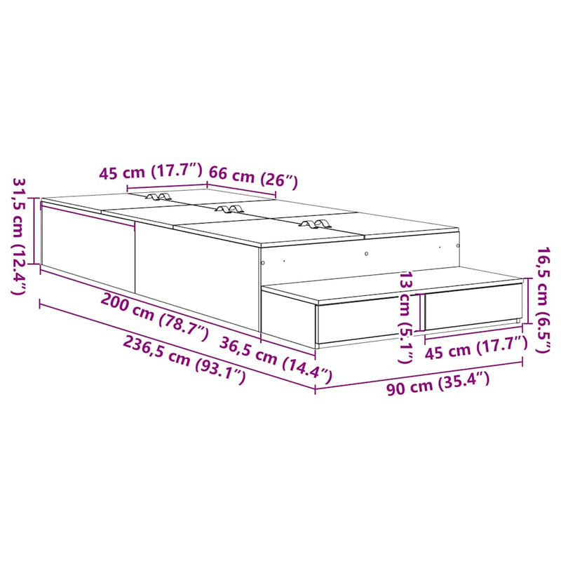 vidaXL Ágykeret tárolóval Füstölt tölgy 236.5 x 90 x 31.5 cm Faanyag