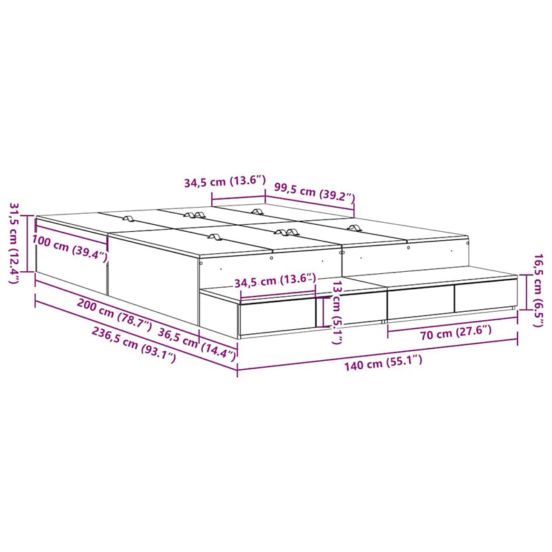 vidaXL Ágykeret tárolóval Beton Szürke 236.5 x 140 x 31.5 cm Faanyag