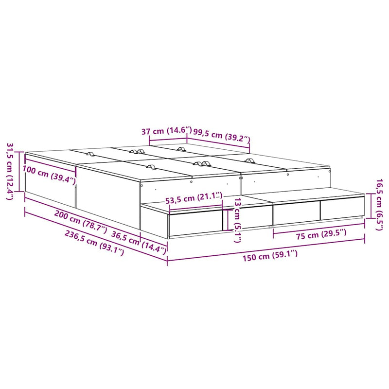 vidaXL Ágykeret tárolóval Beton Szürke 236.5 x 150 x 31.5 cm Faanyag