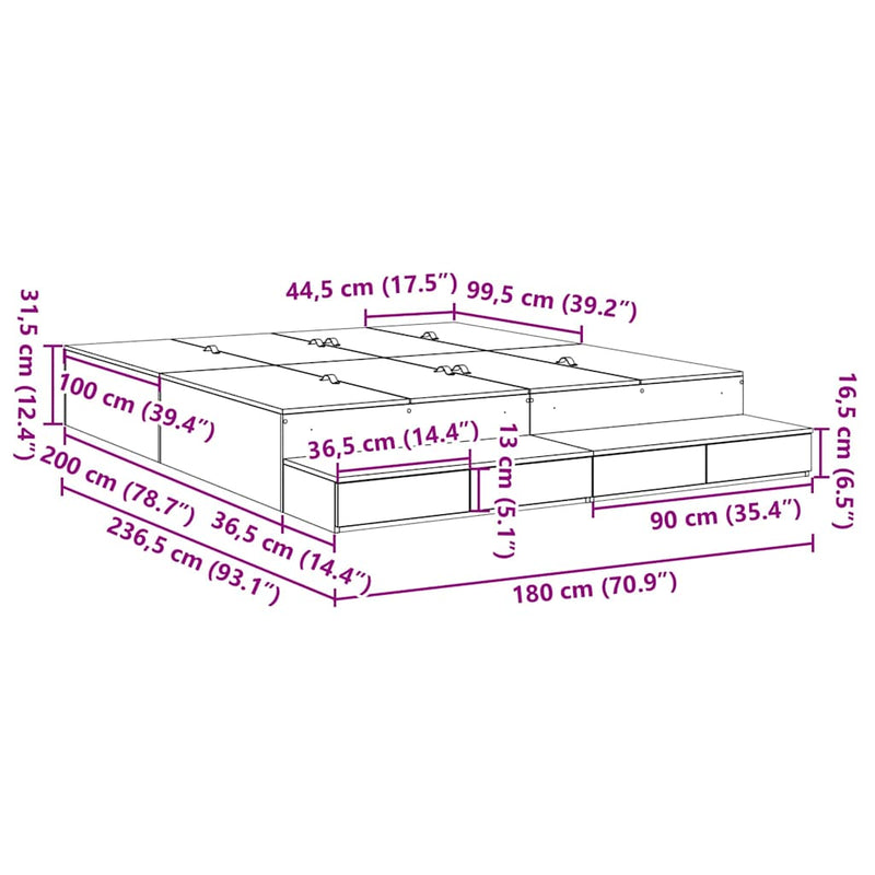 vidaXL Ágykeret tárolóval Beton Szürke 236.5 x 180 x 31.5 cm Faanyag