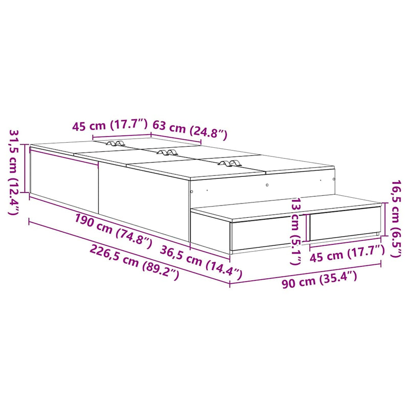 vidaXL Ágykeret tárolóval fiókkal Fehér 226.5 x 90 x 31.5 cm Faanyag