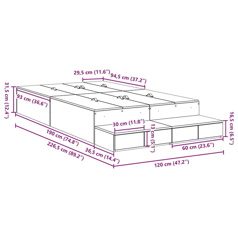 vidaXL Ágykeret tárolóval Beton Szürke 226.5 x 120 x 31.5 cm Faanyag