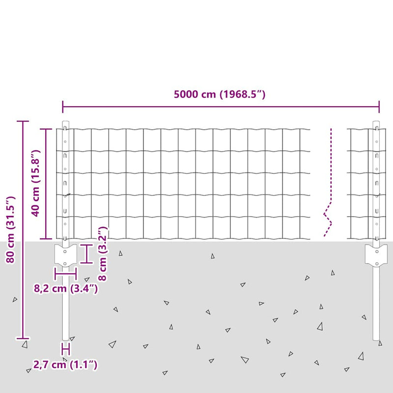 vidaXL Kerítés és Oszlop Szürke 0,4 x 50 m Acél