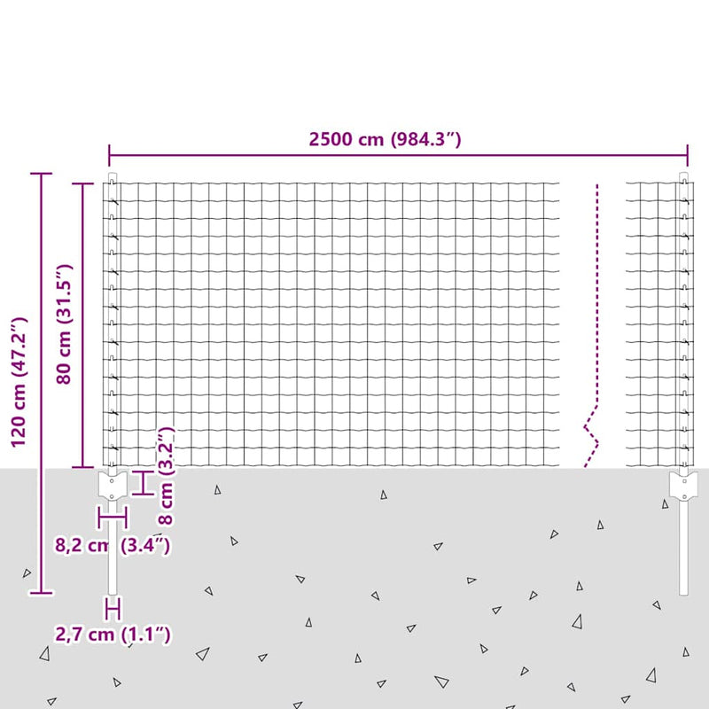 vidaXL Kerítés és Oszlop Ezüst 0,8 x 25 m Acél