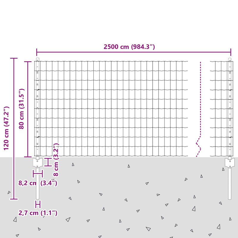 vidaXL Kerítés és Oszlop Ezüst 0,8 x 25 m Acél