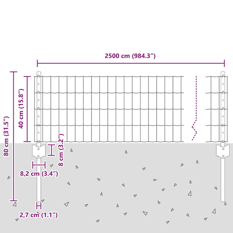 vidaXL Kerítés és Oszlop Ezüst 0,4 x 25 m Acél