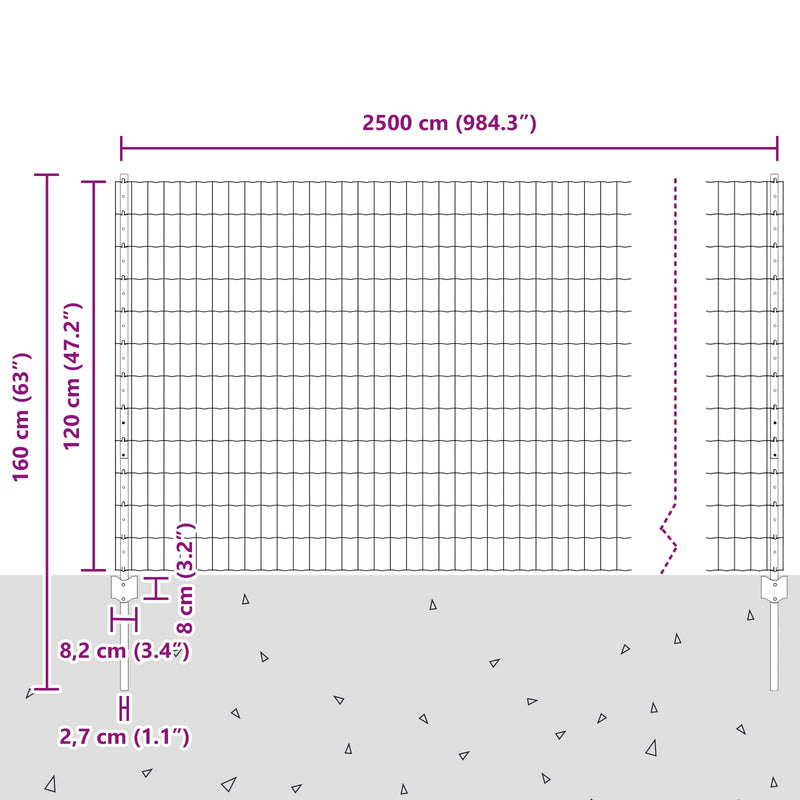 vidaXL Kerítés és Oszlop Ezüst 1,2 x 25 m Acél