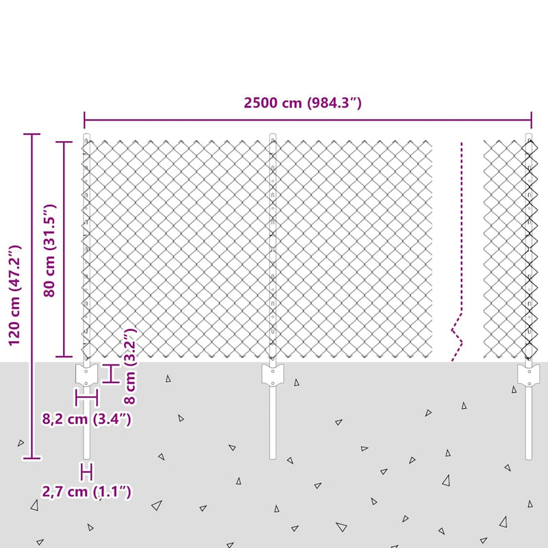 vidaXL Kerítés oszlopokkal Ezüst 0.8 x 25 m Acél