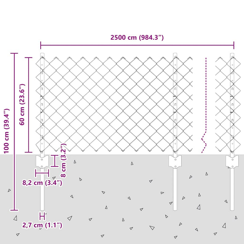 vidaXL Kerítés és Oszlop Ezüst 0,6 x 25 m Acél