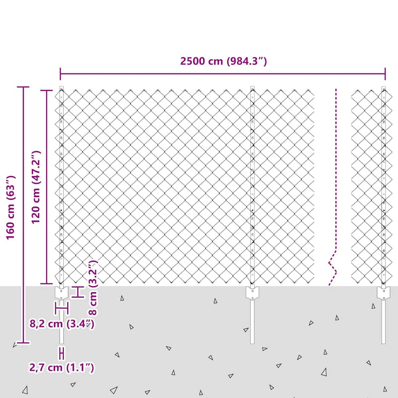 vidaXL Kerítés oszlopokkal Ezüst 1.2 x 25 m Acél