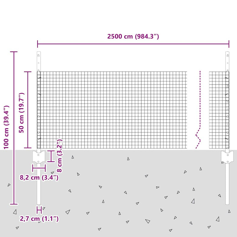 vidaXL Kerítés és Oszlop Ezüst 0,5 x 25 m Acél