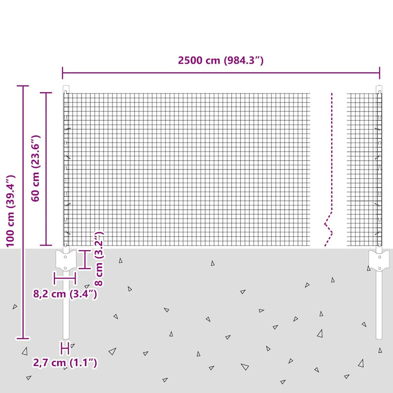 vidaXL Kerítés és Oszlop Ezüst 0,6 x 25 m Acél