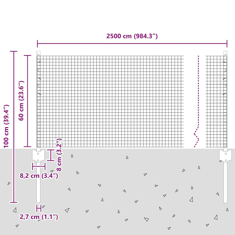 vidaXL Kerítés és Oszlop Ezüst 0,6 x 25 m Acél