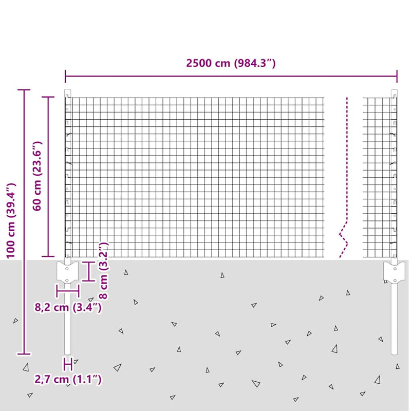 vidaXL Kerítés és Oszlop Ezüst 0,6 x 25 m Acél