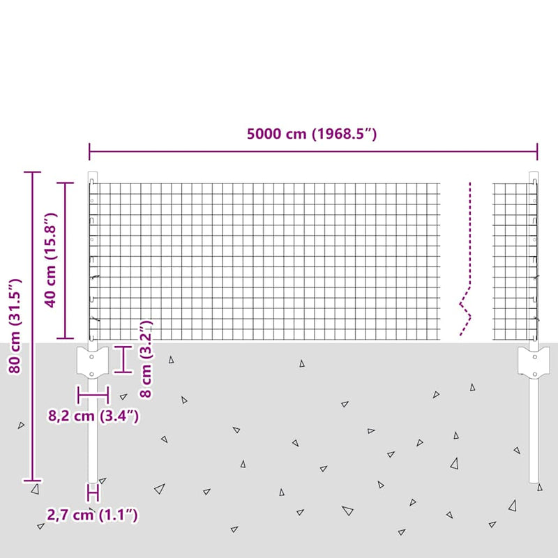 vidaXL Kerítés oszlopokkal Ezüst 0.4 x 50 m Acél
