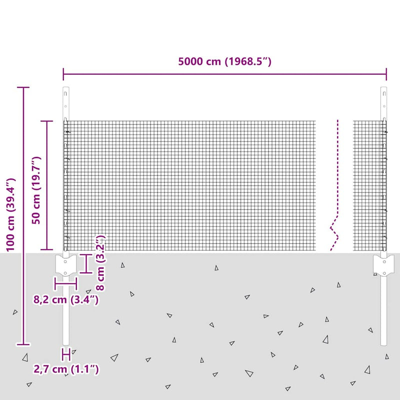 vidaXL Kerítés oszlopokkal Ezüst 0.5 x 50 m Acél
