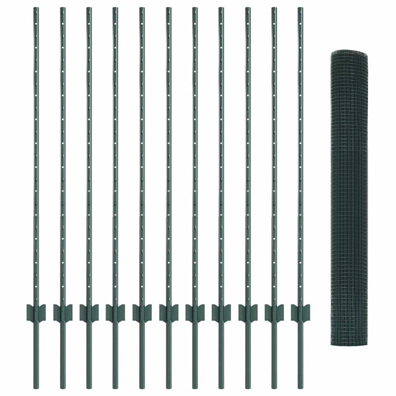 vidaXL Kerítés oszlopokkal Zöld 1.2 x 25 m Acél