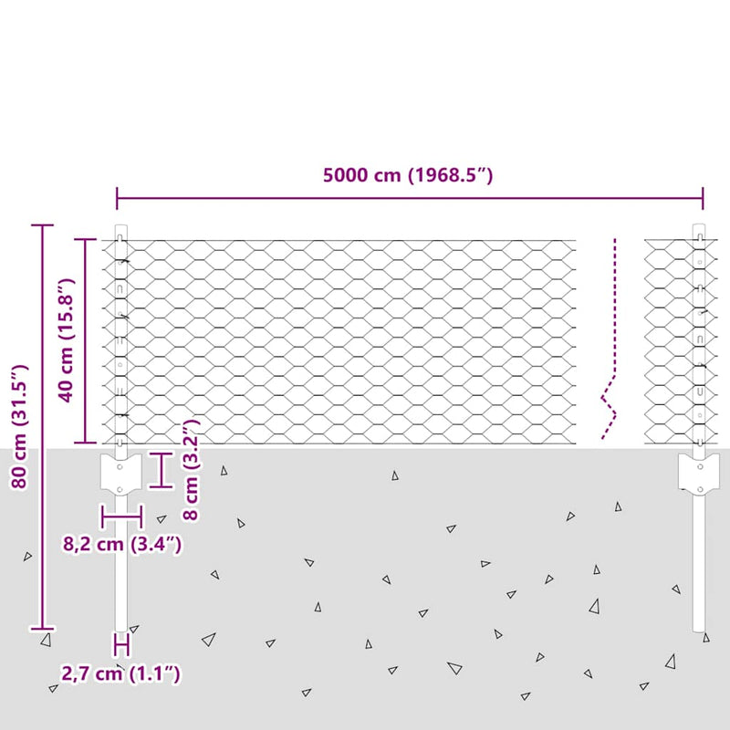 vidaXL Kerítés és Oszlop Szürke 0,4 x 50 m Acél