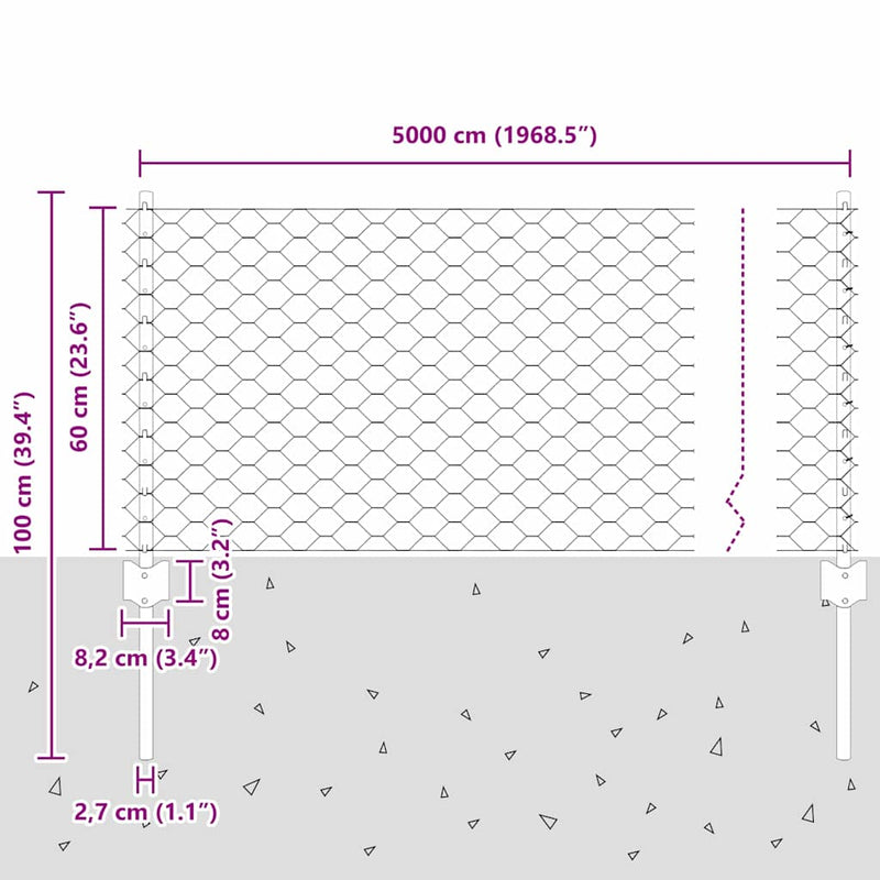 vidaXL Kerítés oszlopokkal Szürke 0.6 x 50 m Acél