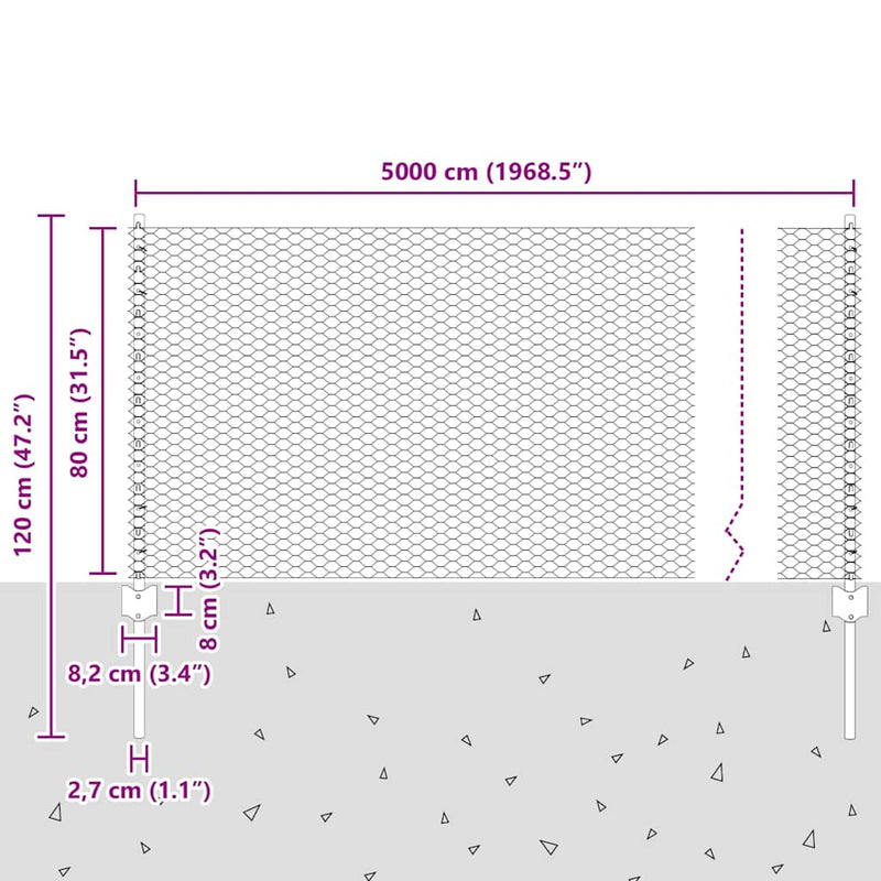 vidaXL Kerítés oszlopokkal Szürke 0.8 x 50 m Acél
