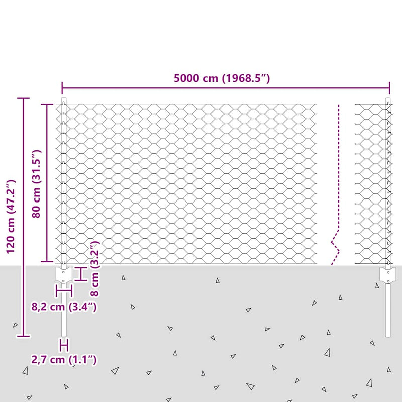 vidaXL Kerítés oszlopokkal Szürke 0.8 x 50 m Acél