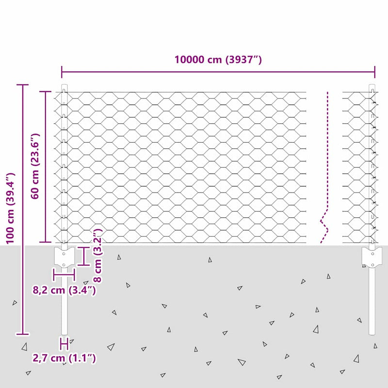 vidaXL Kerítés oszlopokkal Szürke 0.6 x 100 m Acél