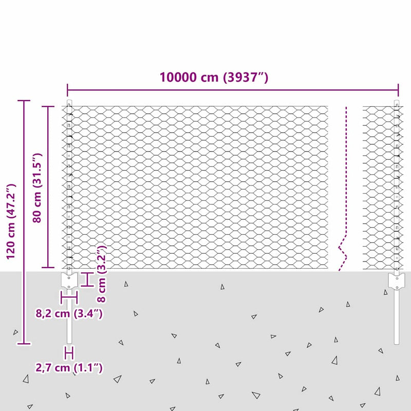 vidaXL Kerítés oszlopokkal Szürke 0.8 x 100 m Acél