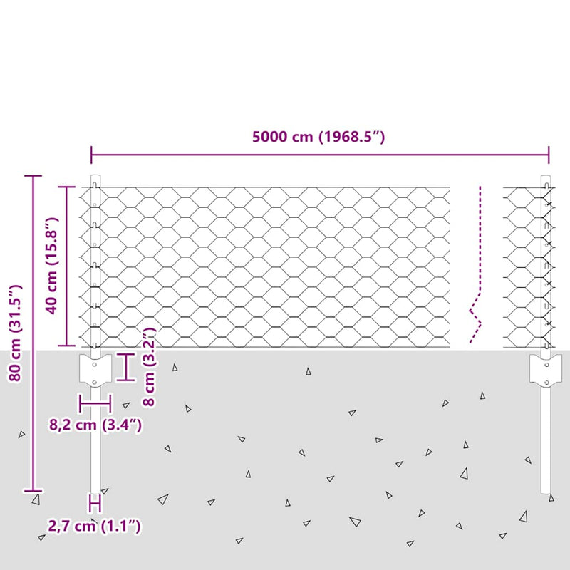 vidaXL Kerítés és Oszlop Ezüst 0,4 x 50 m Acél