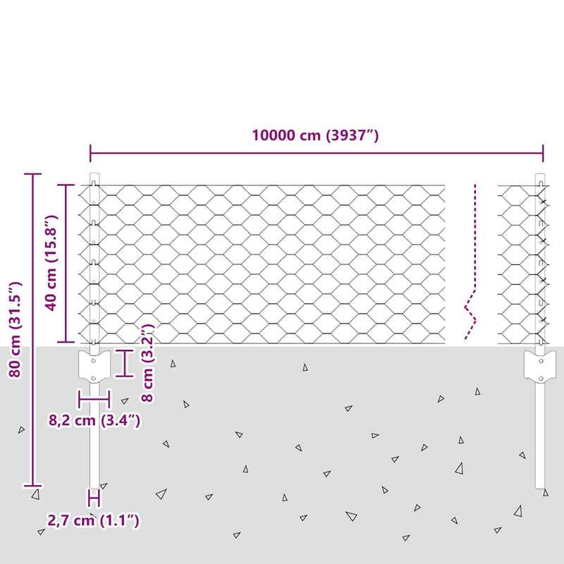 vidaXL Kerítés és Oszlop Ezüst 0,4 x 100 m Acél