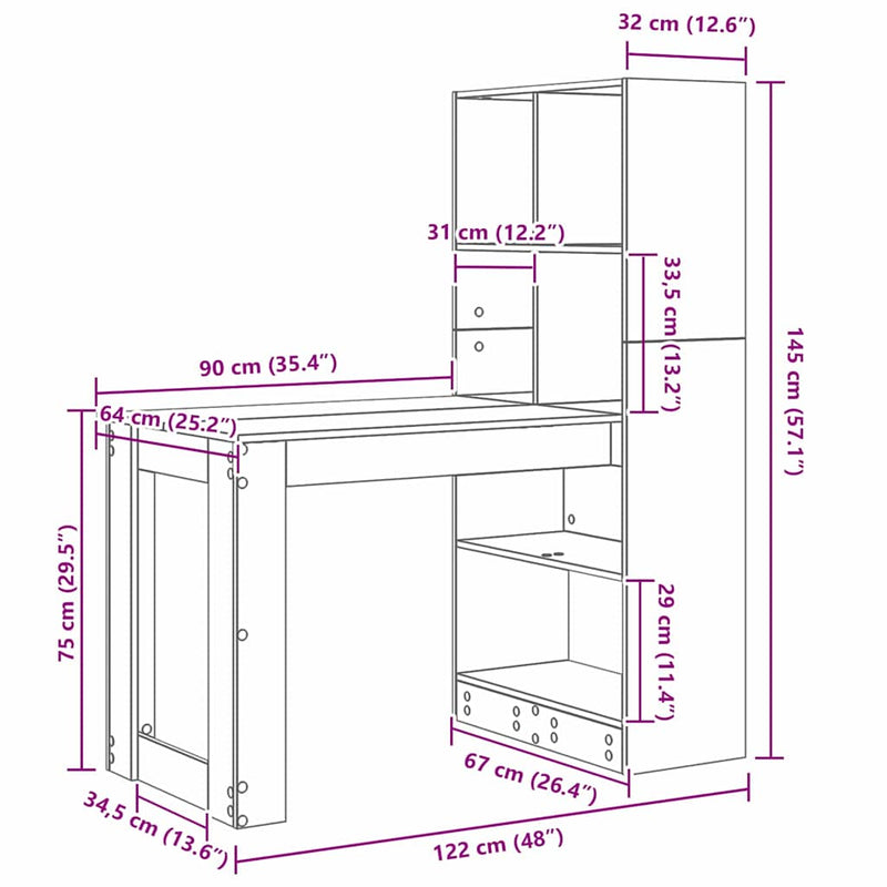 vidaXL Asztal polcokkal Beton Szürke 122 x 67 x 145 cm Faanyag