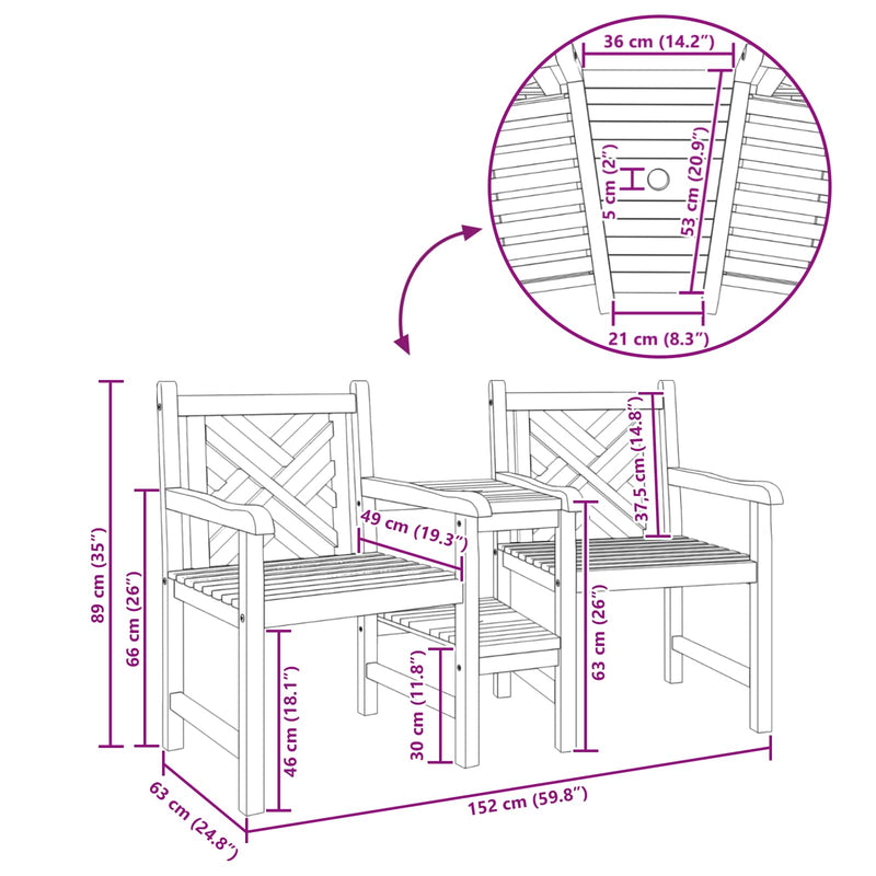 vidaXL Kültéri Székek Barna 152 x 63 x 89 cm Tömör tíkfa