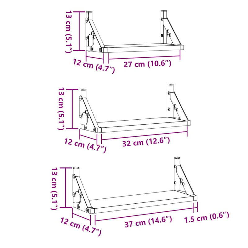 vidaXL Fali polc készlet 3 pcs kézműves tölgy 37 x 12 x 13 cm Faanyag