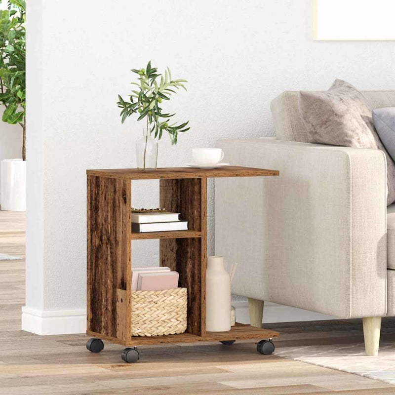 vidaXL Oldalasztal polcokkal kerékkel Régi fa 50 x 30 x 55 cm Faanyag