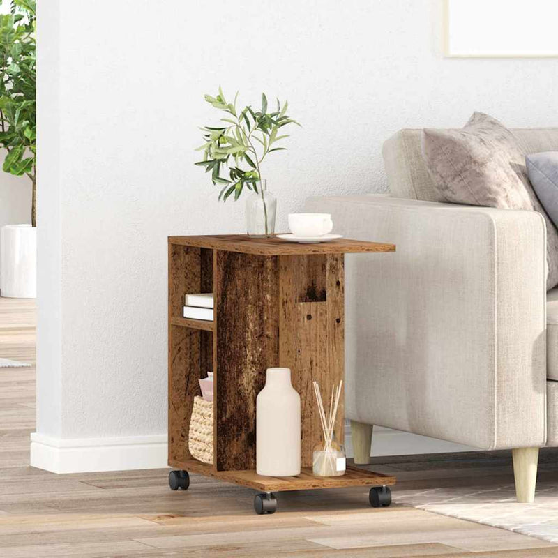vidaXL Oldalasztal polcokkal kerékkel Régi fa 50 x 30 x 55 cm Faanyag