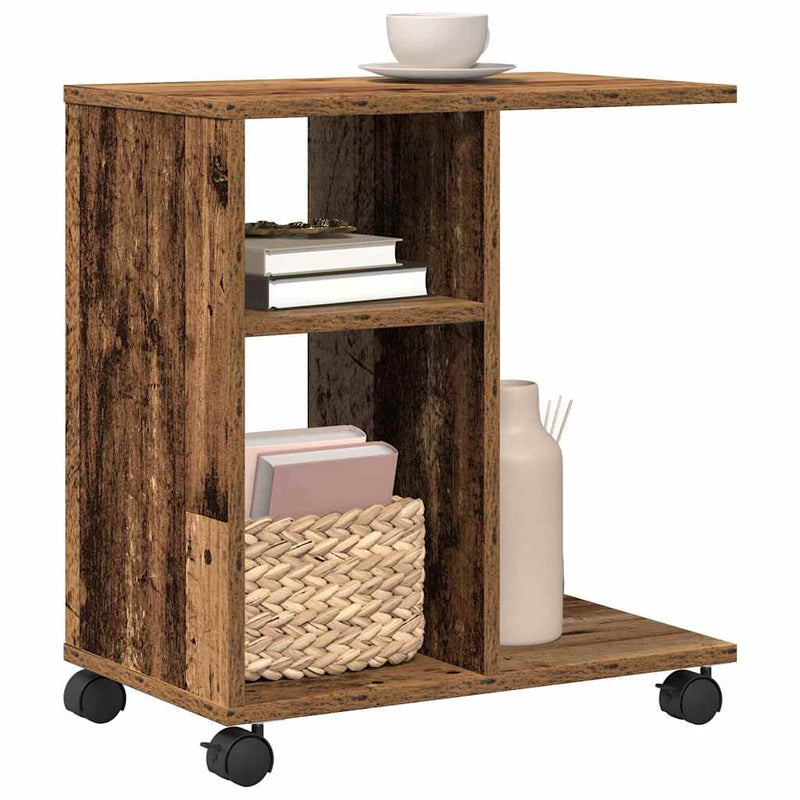 vidaXL Oldalasztal polcokkal kerékkel Régi fa 50 x 30 x 55 cm Faanyag