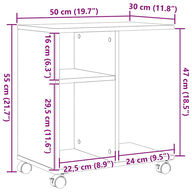 vidaXL Oldalasztal polcokkal kerékkel Régi fa 50 x 30 x 55 cm Faanyag