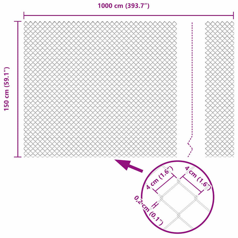 vidaXL Drótfonatos kerítés Ezüst 10 x 1.5 m Horganyzott acél