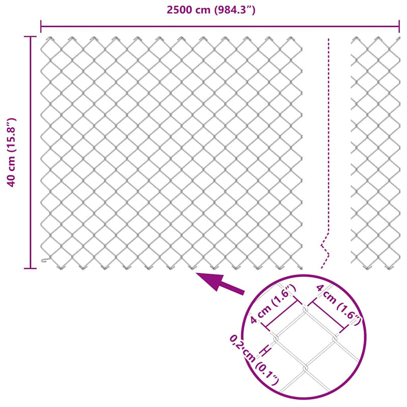 vidaXL Drótfonatos kerítés Ezüst 25 x 0.4 m Horganyzott acél