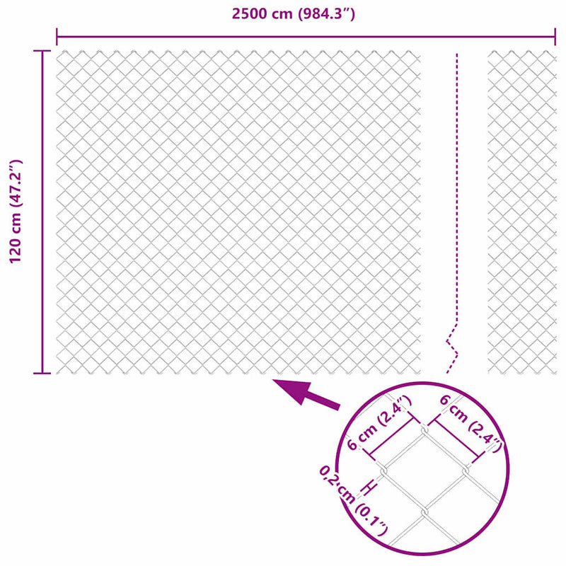 vidaXL Drótfonatos kerítés Ezüst 25 x 1.2 m Horganyzott acél