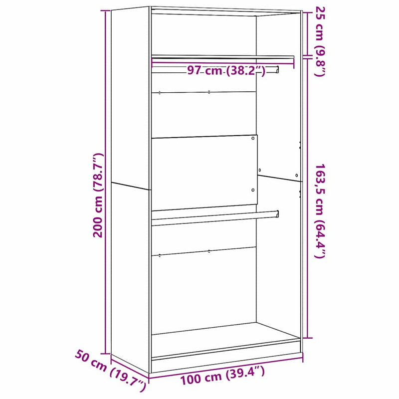vidaXL Ruhásszekrény polcokkal Musta tammi 100 x 50 x 200 cm Faanyag