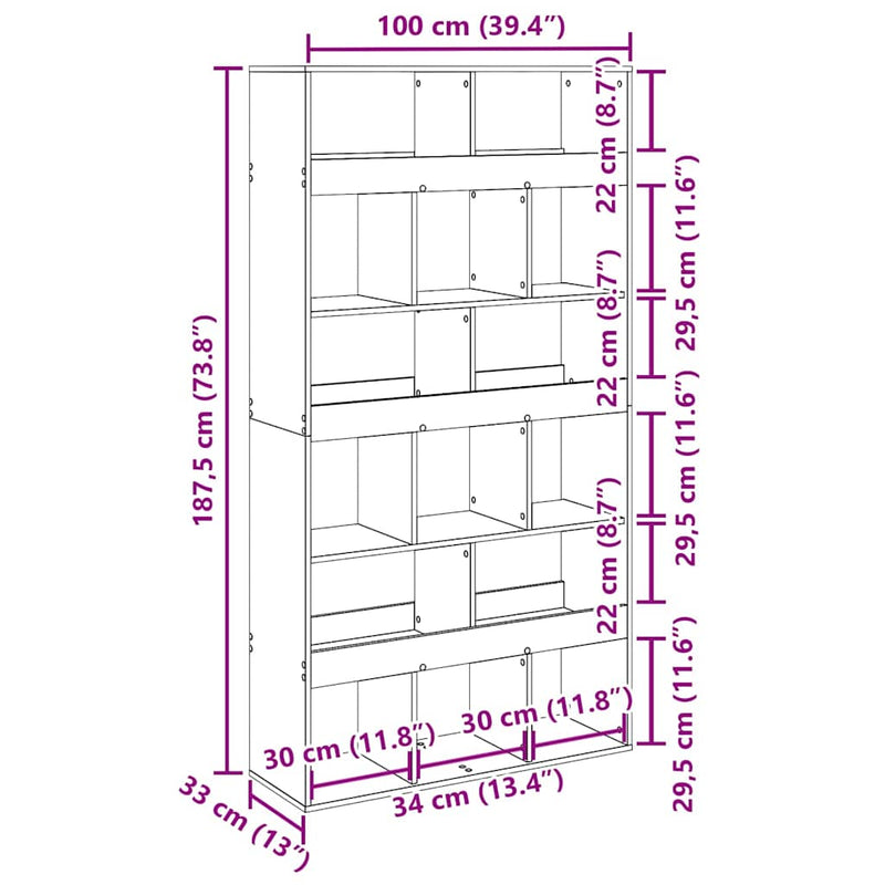 vidaXL Könyvespolc 2 pcs Musta tammi 100 x 33 x 187.5 cm Faanyag