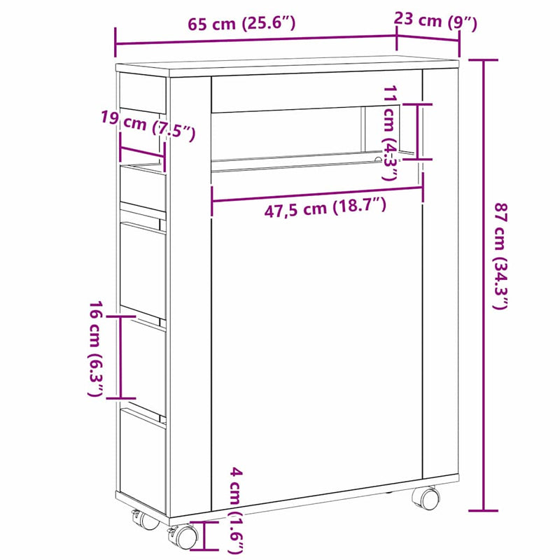 vidaXL Keskeny Fürdőszoba Szekrény Musta tammi 65 x 23 x 87 cm Faanyag